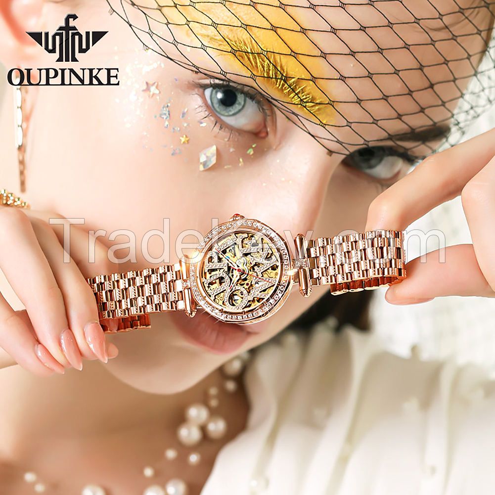 Oupinke 3175 Fashion Skeleton Sapphire Diamonds Crystal Luxury Brand  Women Mechanical Watch Elegant Ladies Watch