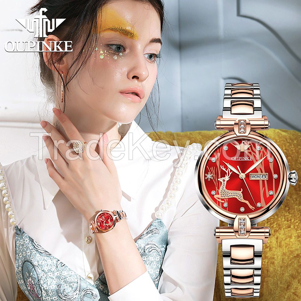 Oupinke 3180 Stainless Steel Watch Band Sapphire Crystal  Fawn Design Ladies Mechanical Women Watches