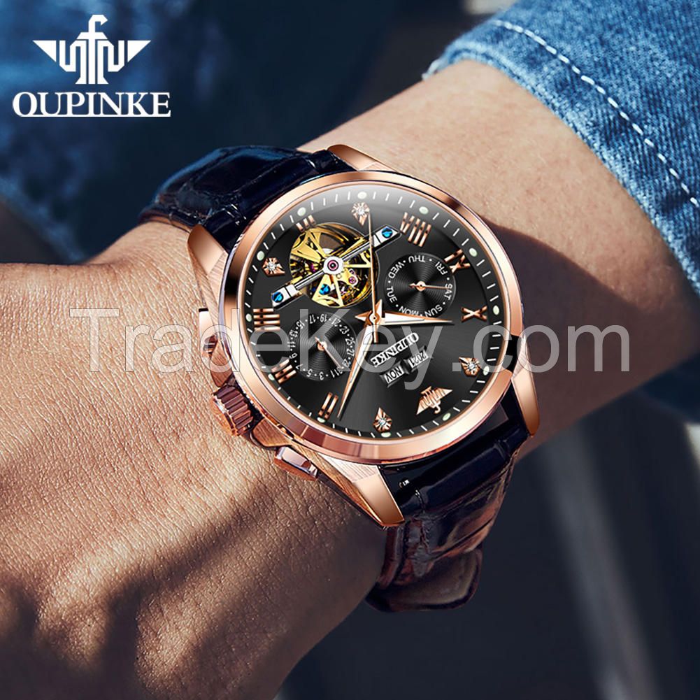 Oupinke 3186 Top Grade Luxury Brand  Men Watches Tourbillon Automatic Self Wind Male Business Genuine Leather Mechanical Watch