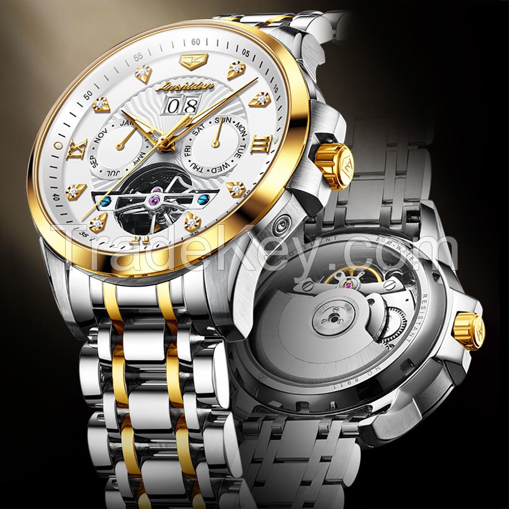JSDUN 8911oem  Luxury waterproof classic Luminous stainless steel Tourbillon Automatic mechanical watch mens wrist watch