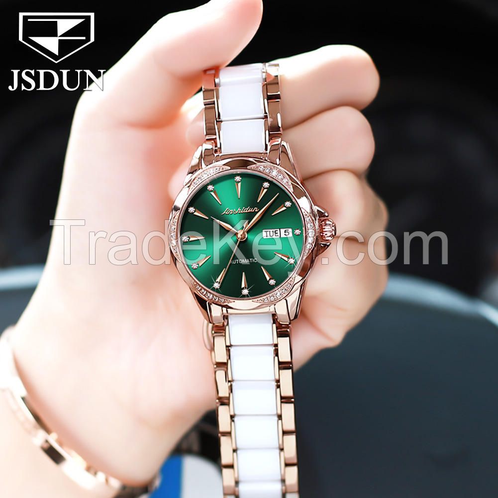 JSDUN 8821original brand Ceramic stainless steel jewelry diamond fashion watch women wrist luxury ladies mechanical wrist watch