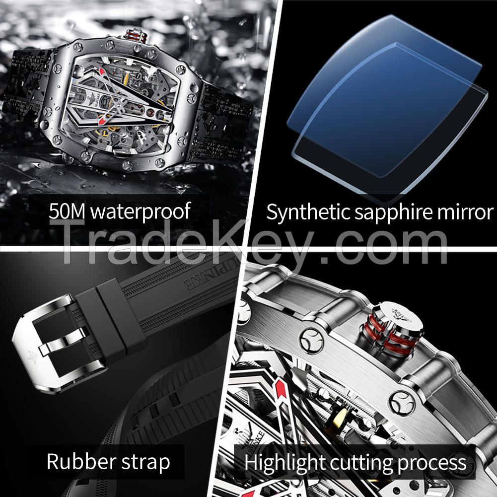 Oupinke 3179 Design Luxury Waterproof Timepiece Luminous  Silicone Strap Square Mechanical Automatic Watch