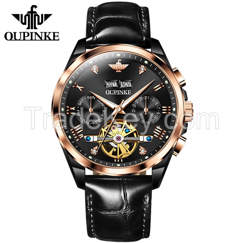 Oupinke 3186 Top Grade Luxury Brand  Men Watches Tourbillon Automatic Self Wind Male Business Genuine Leather Mechanical Watch