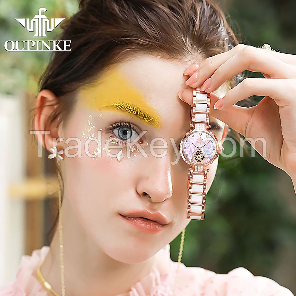 oupinke 3183  Fashion Luxury Brand Skeleton Sapphire Crystal Women Mechanical Watch  Elegant Ladies Watch