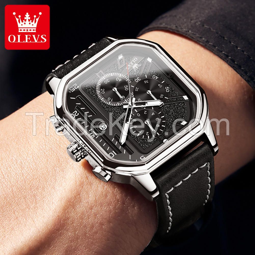 OLEVS 9950 Men Watches Square quartz Watch For Men Clock Genuine Leather Waterproof quartz Wristwatch