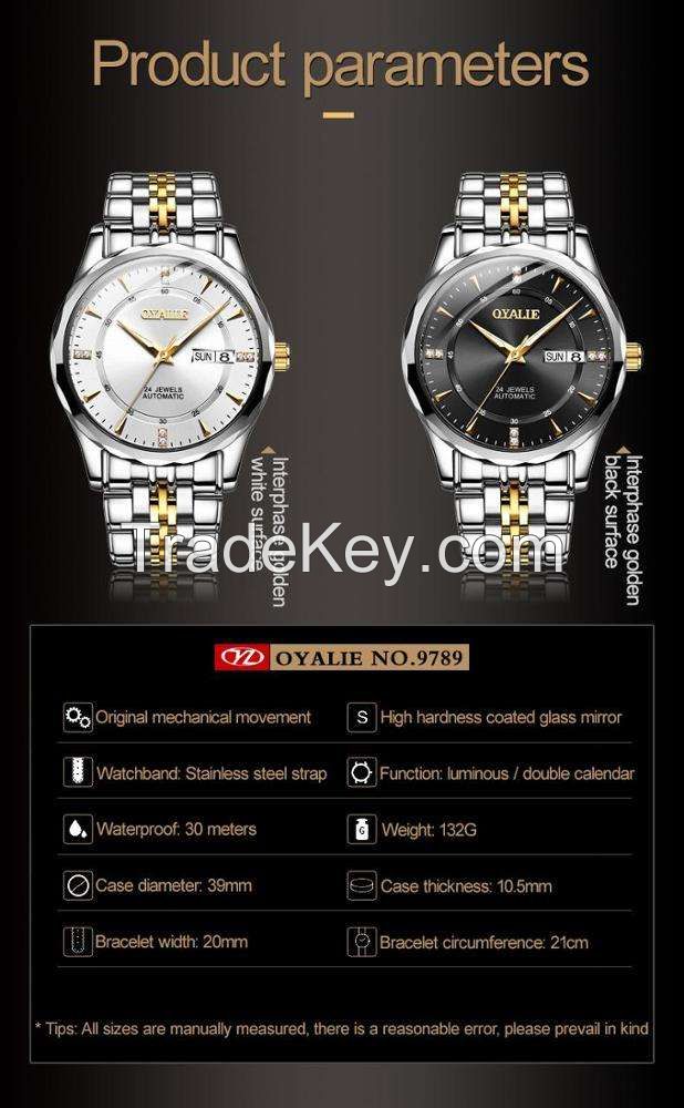 OYALIE 9789 Men Watch Fashion Men Business Stainless Steel Band Watch Date Water Resistant Mechanical Watch Luxury Men Clock