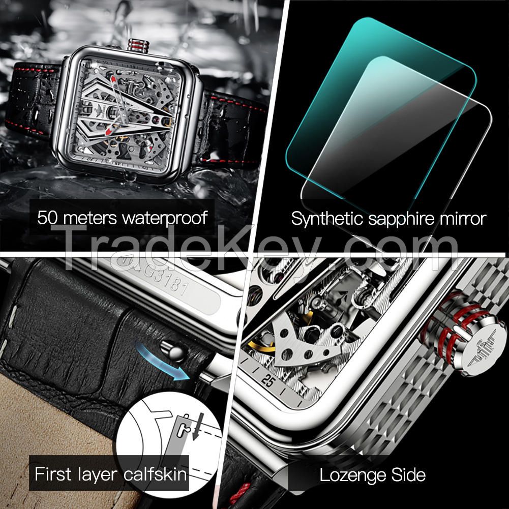 Oupinke 3181 OEM Watches Custom Logo Luxury Square Skeleton Genuine Leather Men Wristwatches Automatic Mechanical Mens Watch