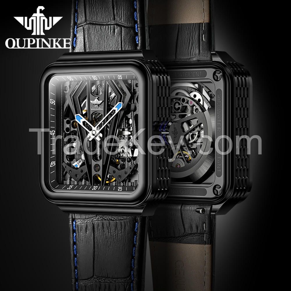 Oupinke 3181 OEM Watches Custom Logo Luxury Square Skeleton Genuine Leather Men Wristwatches Automatic Mechanical Mens Watch