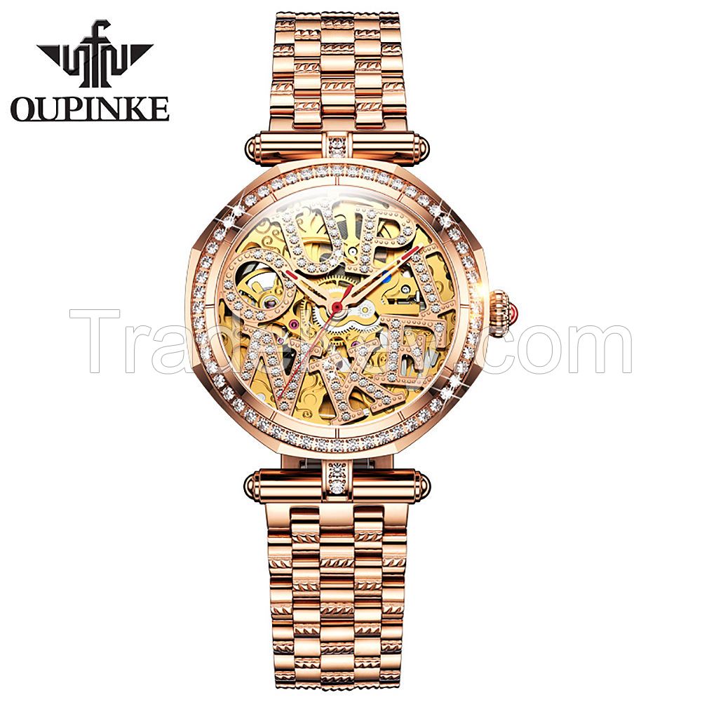 Oupinke 3175 Fashion Skeleton Sapphire Diamonds Crystal Luxury Brand  Women Mechanical Watch Elegant Ladies Watch