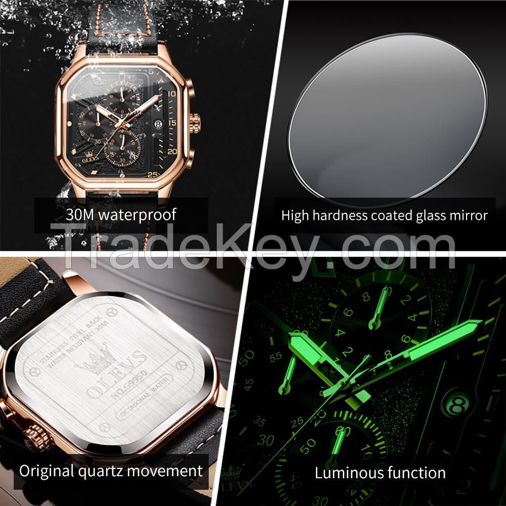 OLEVS 9950 Men Watches Square quartz Watch For Men Clock Genuine Leather Waterproof quartz Wristwatch