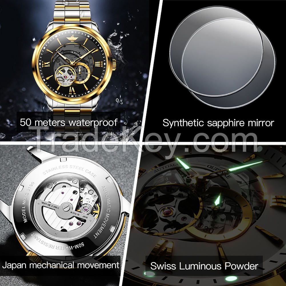 OUPINKE 3190 Top Brand Luxury Mens Mechanical Wristwatch Automatic Watch Classic Skeleton Sapphire Waterproof Clock