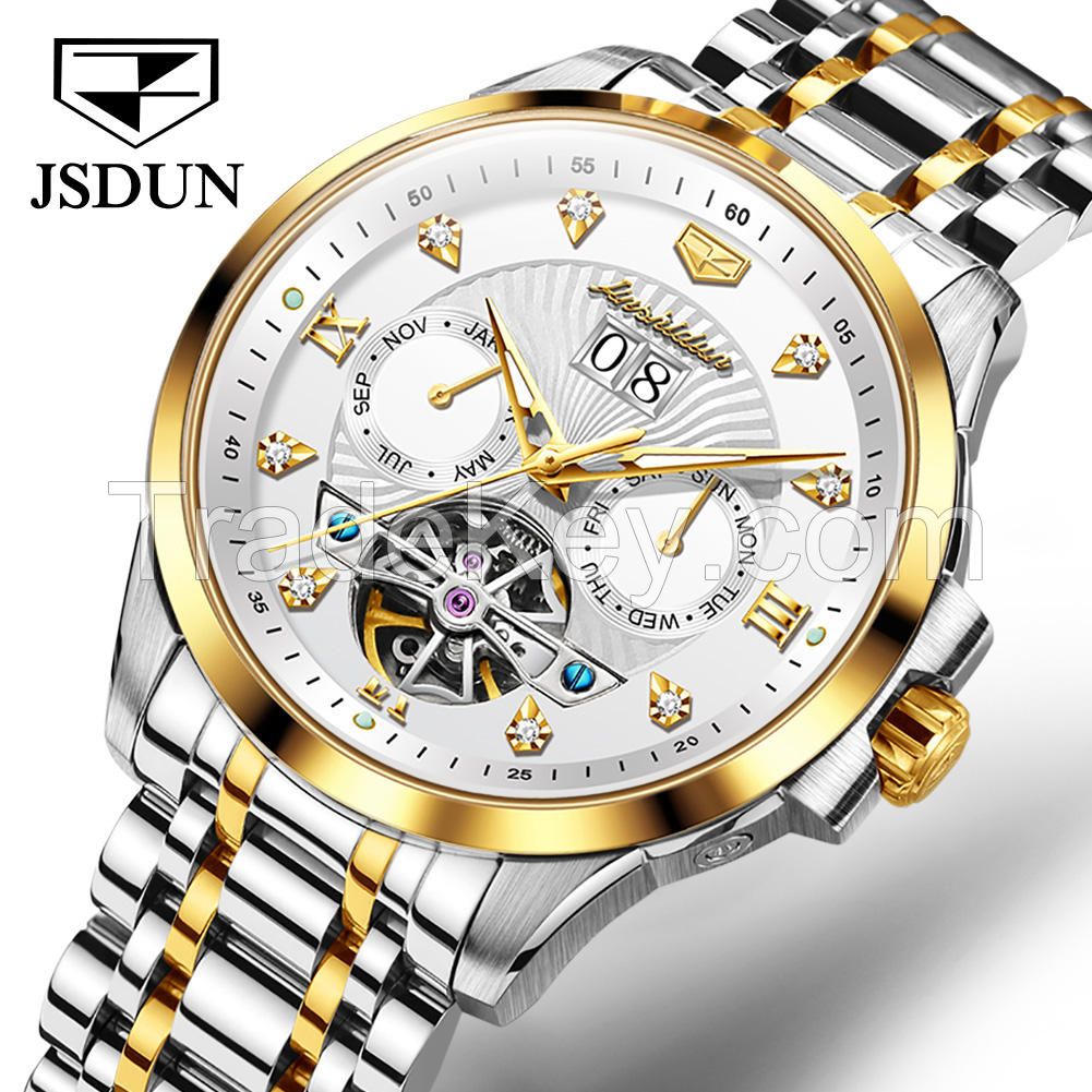 JSDUN 8911oem  Luxury waterproof classic Luminous stainless steel Tourbillon Automatic mechanical watch mens wrist watch