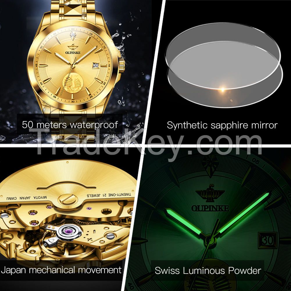 OUPINKE 3226 oem watch custom logo  Luxury waterproofed watch gold  mens  automatic Mechanical watches