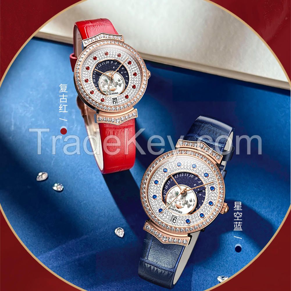 OUPINKE 3218 Advanced full diamond dial imported movement creative casual versatile luminous  fashionable mechanical watch WOMEN