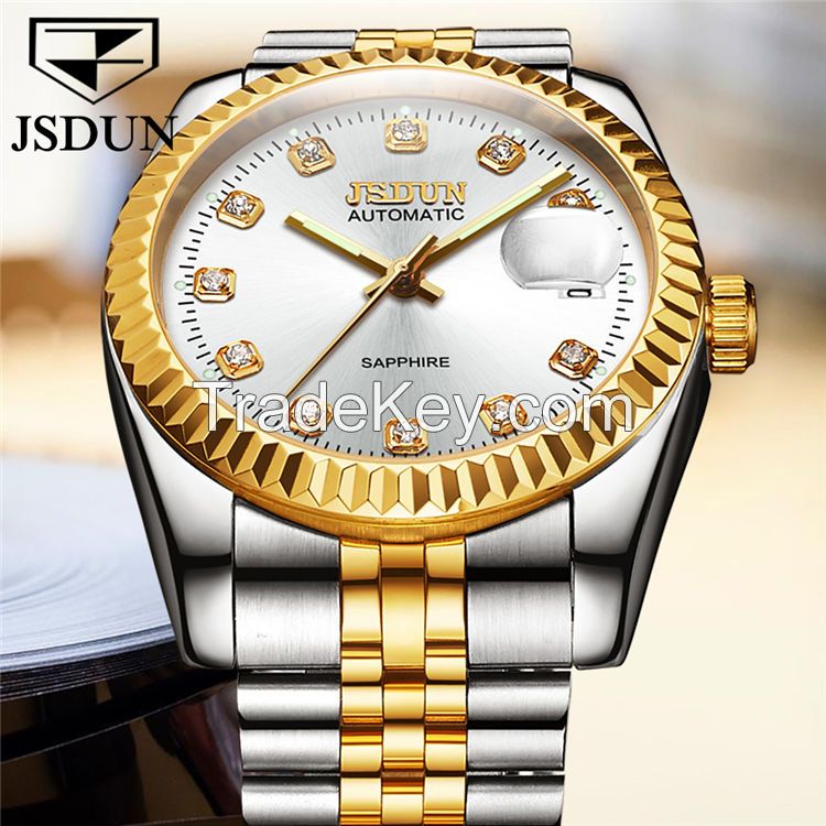 JSDUN8014couple Good Quality Fashion Custom Imported Movement Stainless Steel Waterproof Coated Glass Mechanical Watch