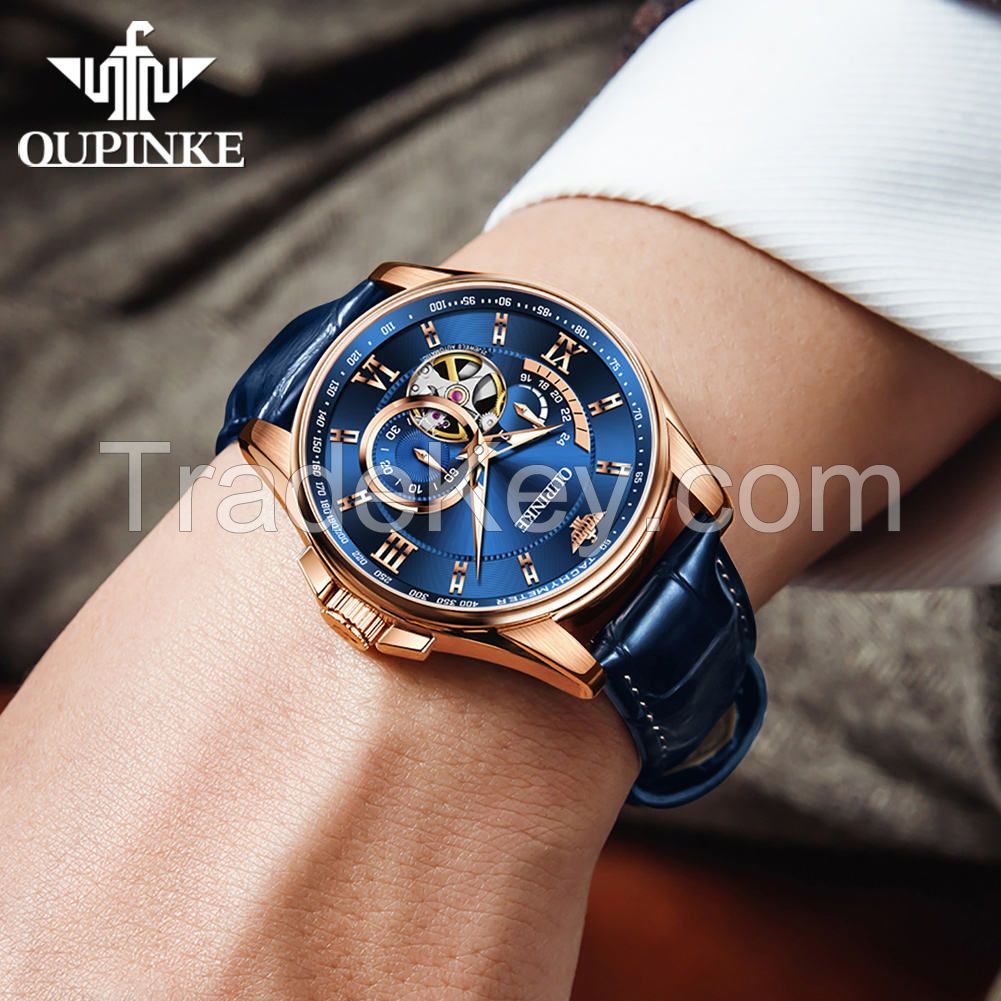 OUPINKE 3222 oem custom skeleton  luxury watch Tourbillon Stainless steel Automatic mechanical mens wrist watch