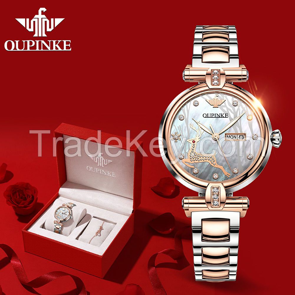 Oupinke 3180 Stainless Steel Watch Band Sapphire Crystal  Fawn Design Ladies Mechanical Women Watches
