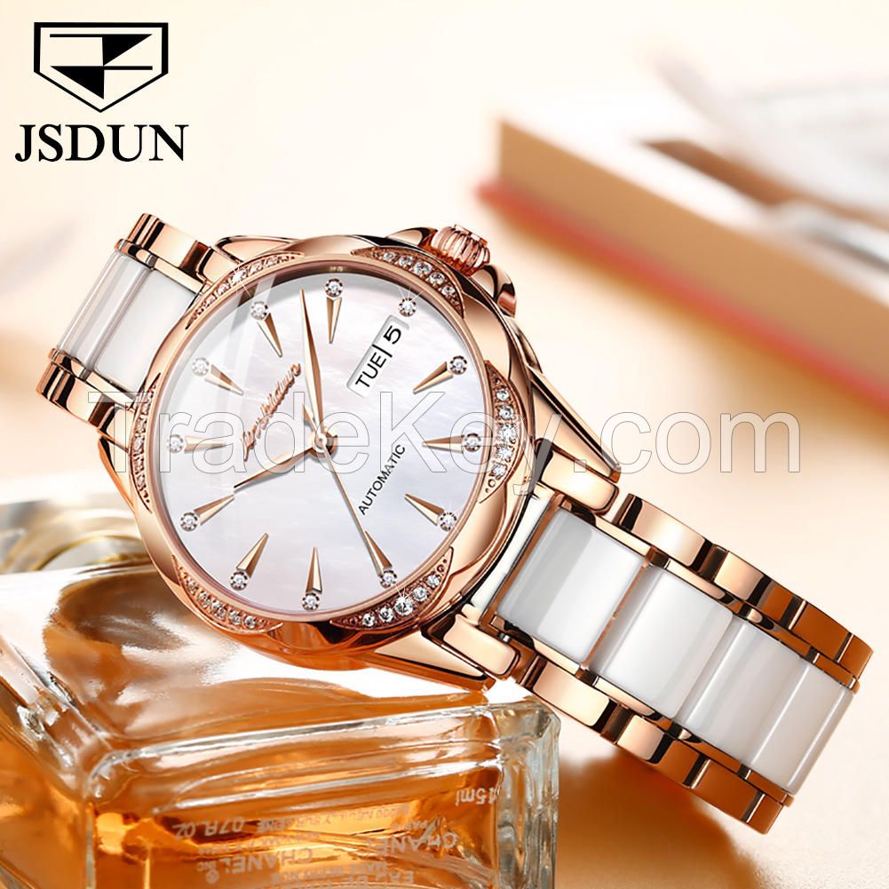 JSDUN 8821original brand Ceramic stainless steel jewelry diamond fashion watch women wrist luxury ladies mechanical wrist watch