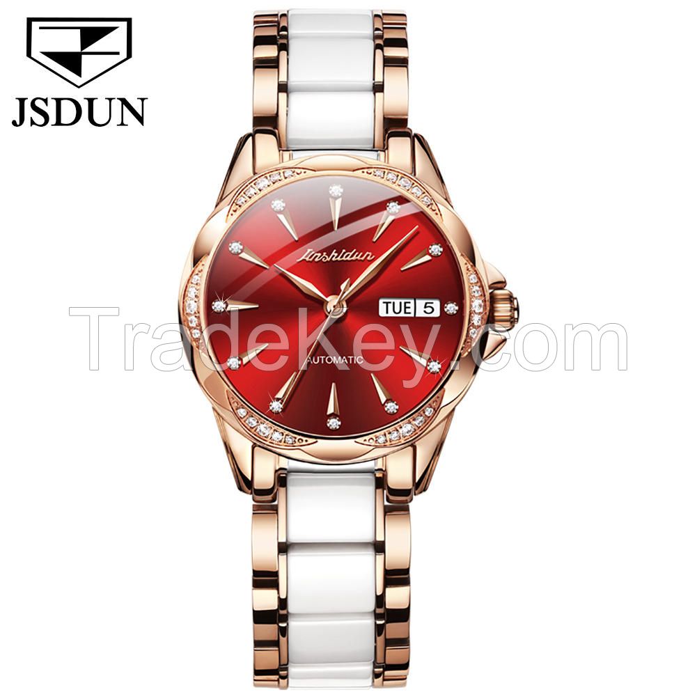 JSDUN 8821original brand Ceramic stainless steel jewelry diamond fashion watch women wrist luxury ladies mechanical wrist watch