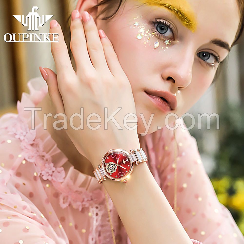 oupinke 3183  Fashion Luxury Brand Skeleton Sapphire Crystal Women Mechanical Watch  Elegant Ladies Watch