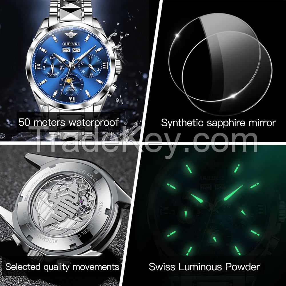 OUPINKE 3201 Fashion Watches Men Automatic Watch Tourbillon Square Shape Luxury Watch Skeleton Business Mechanical Wristwatches