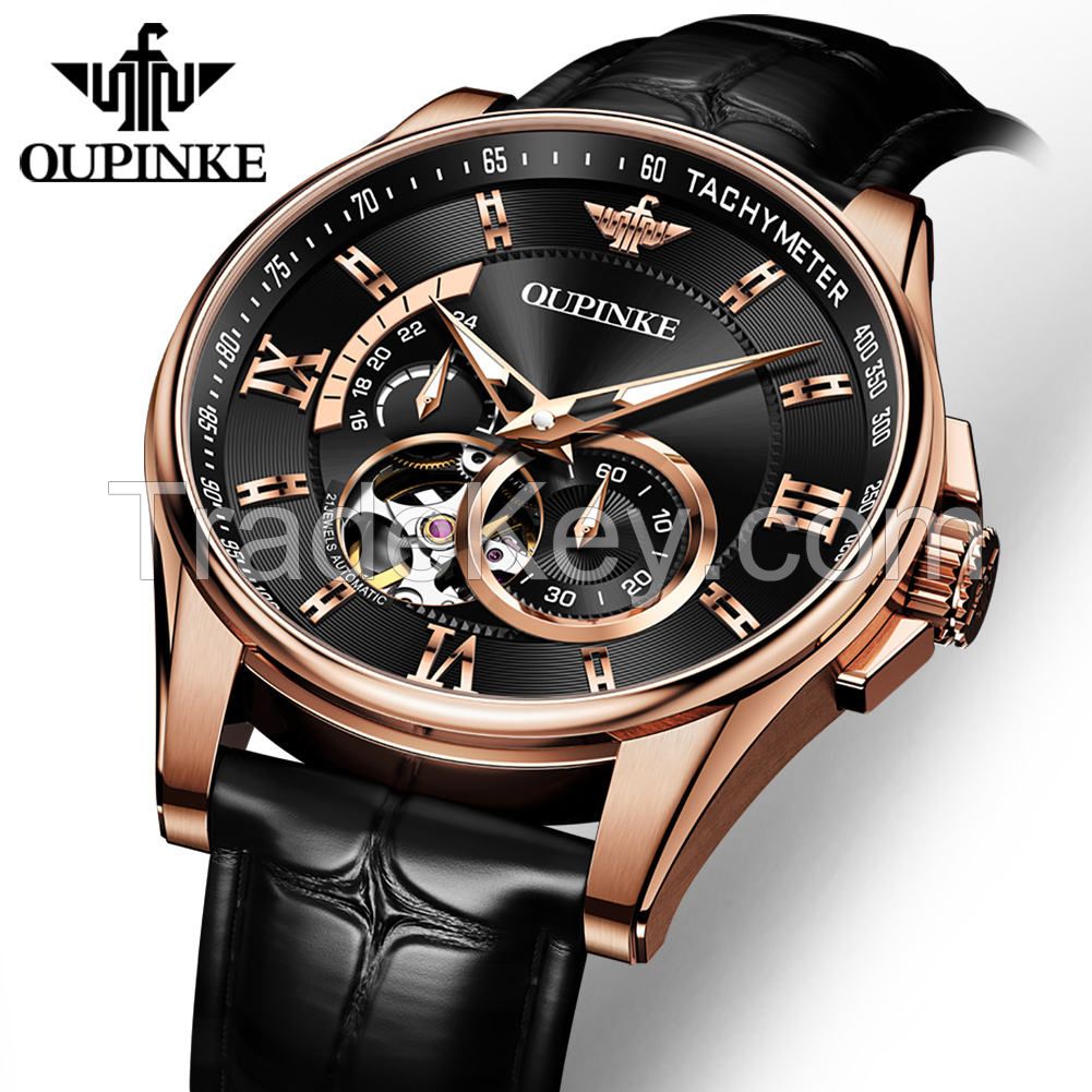 OUPINKE 3222 oem custom skeleton  luxury watch Tourbillon Stainless steel Automatic mechanical mens wrist watch