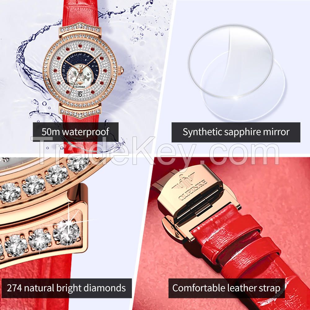 OUPINKE 3218 Advanced full diamond dial imported movement creative casual versatile luminous  fashionable mechanical watch WOMEN