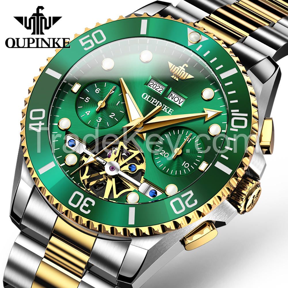 OUPINKE 3229 Top Quality Men Automatic Stainless Steel Night Vision Sapphire Mirror Mechanical Watches Glass Luxurious Watches