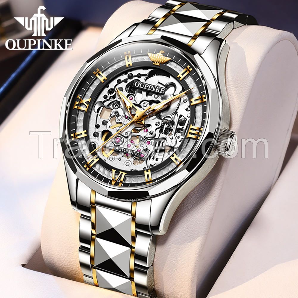OUPINKE 3209 New Arrival Design High Quality Luxury Fashion Classic OEM  stainless steel  mens mechanical skeleton Wrist Watches