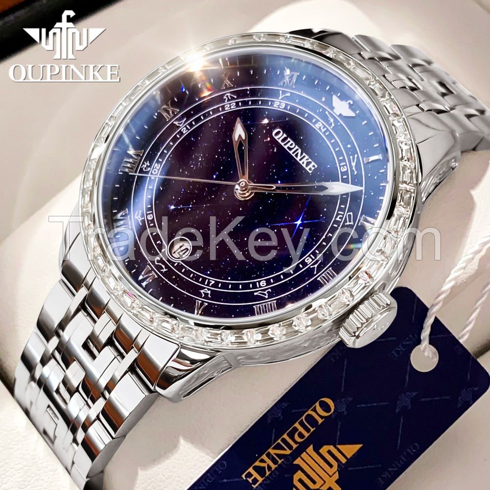 OUPINKE 3203 All Stars Blue Galaxy Stainless Steel Calendar Window Waterproof 50m Fashion Mechanical Watch Men&#039;s High Level