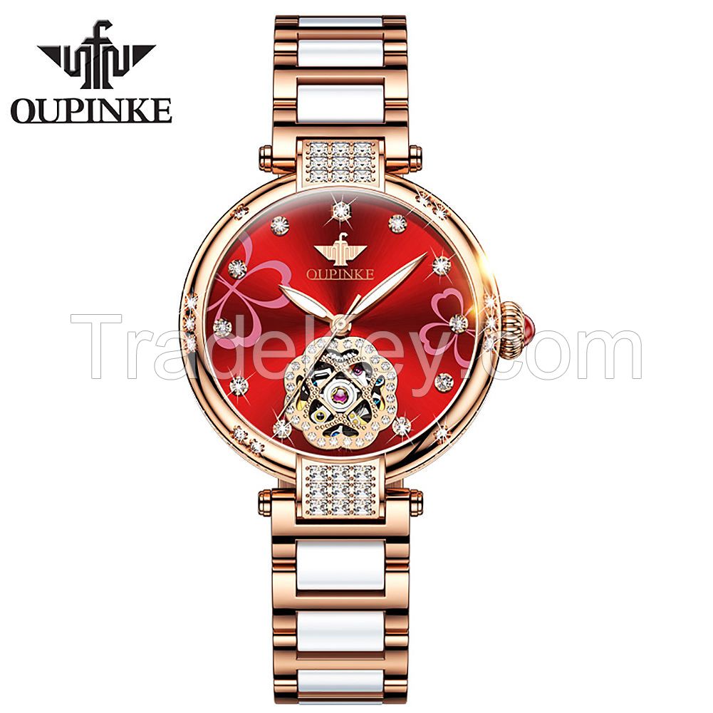 oupinke 3183  Fashion Luxury Brand Skeleton Sapphire Crystal Women Mechanical Watch  Elegant Ladies Watch