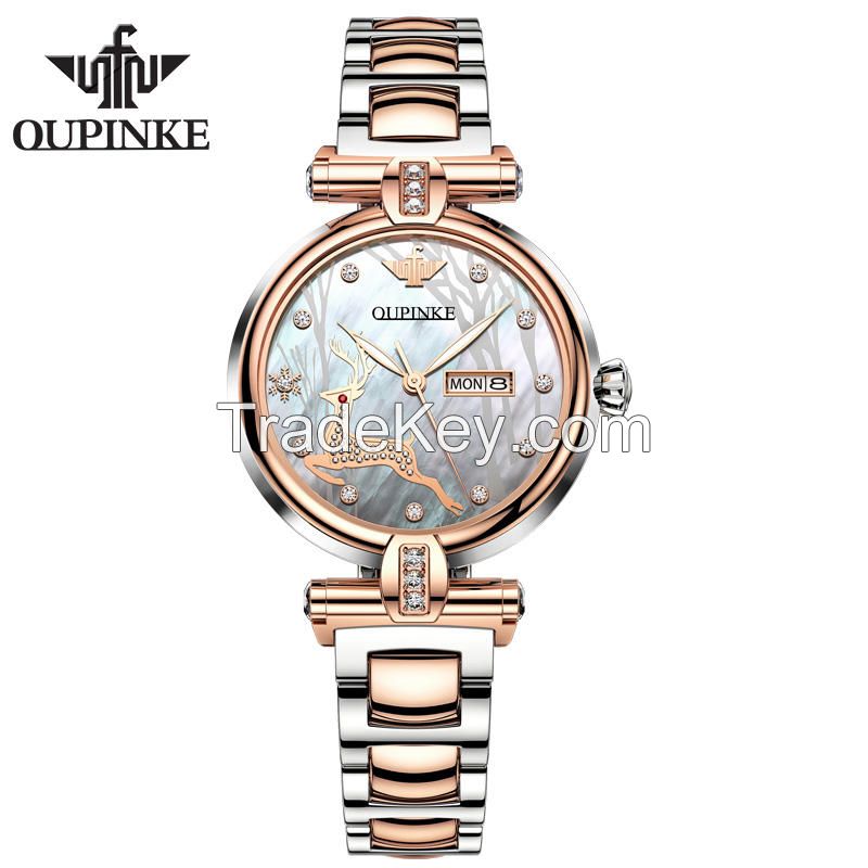 Oupinke 3180 Stainless Steel Watch Band Sapphire Crystal  Fawn Design Ladies Mechanical Women Watches