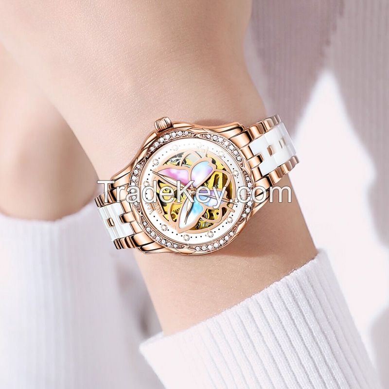 OLEVS 6615 Butterfly pattern Lady Watch With Rose Gold Watch Strap Fashionable Elegant Ceramic Watch women