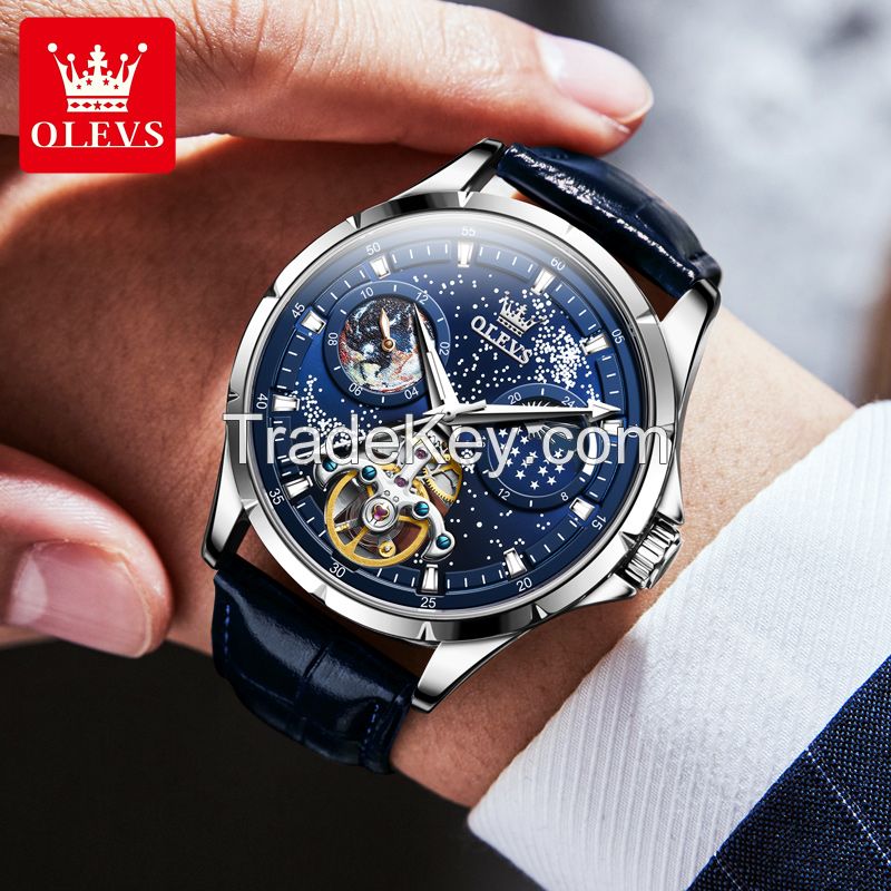 OLEVS 6671 Mechanical Wrist Watch Fashion Blue Dial Stainless Steel High Quality Watches Unique Men