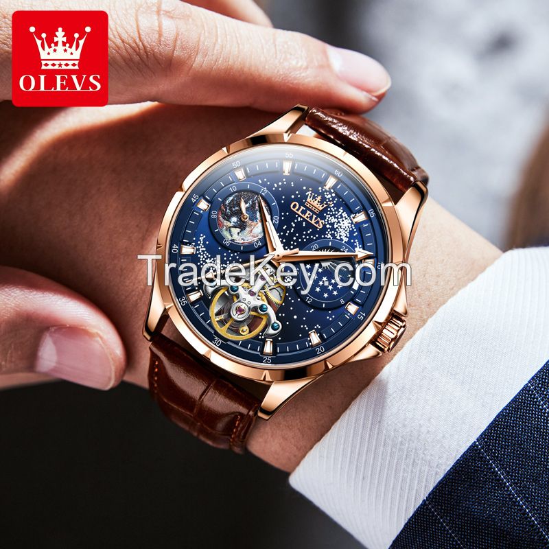 OLEVS 6671 Mechanical Wrist Watch Fashion Blue Dial Stainless Steel High Quality Watches Unique Men