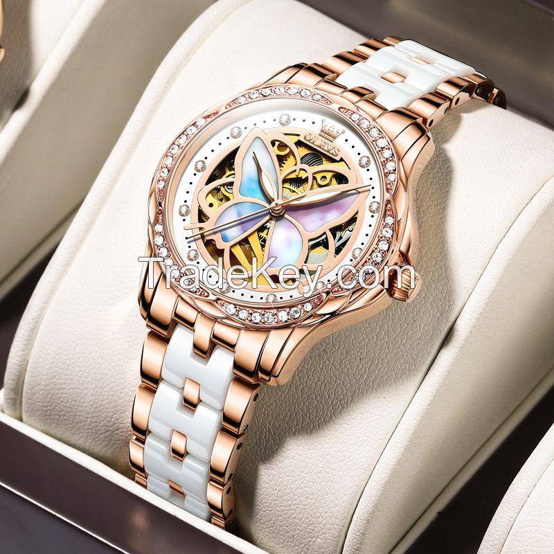OLEVS 6615 Butterfly pattern Lady Watch With Rose Gold Watch Strap Fashionable Elegant Ceramic Watch women
