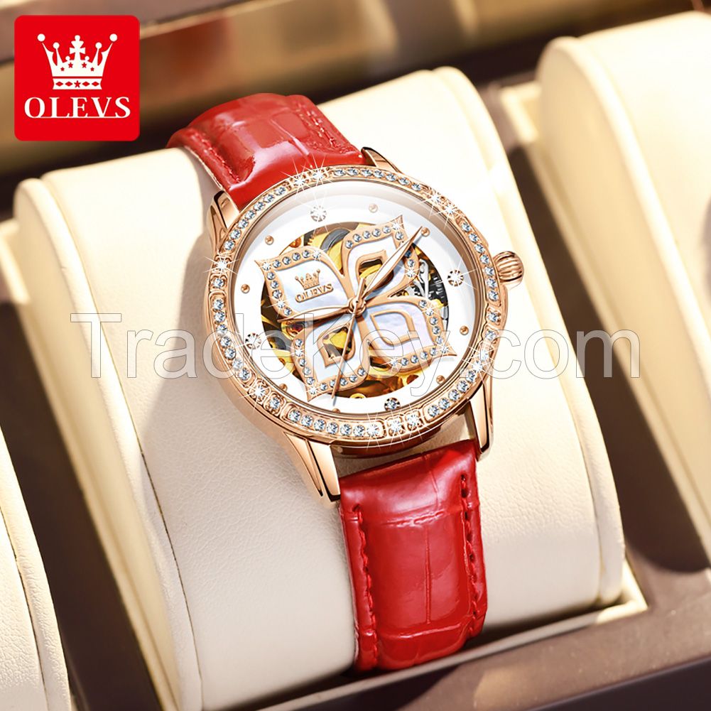 OLEVS 6612 Factory Direct Sales Customized Women's Mechanical Watch Coated Glass Genuine Leather Watch Automatic Women's Watch