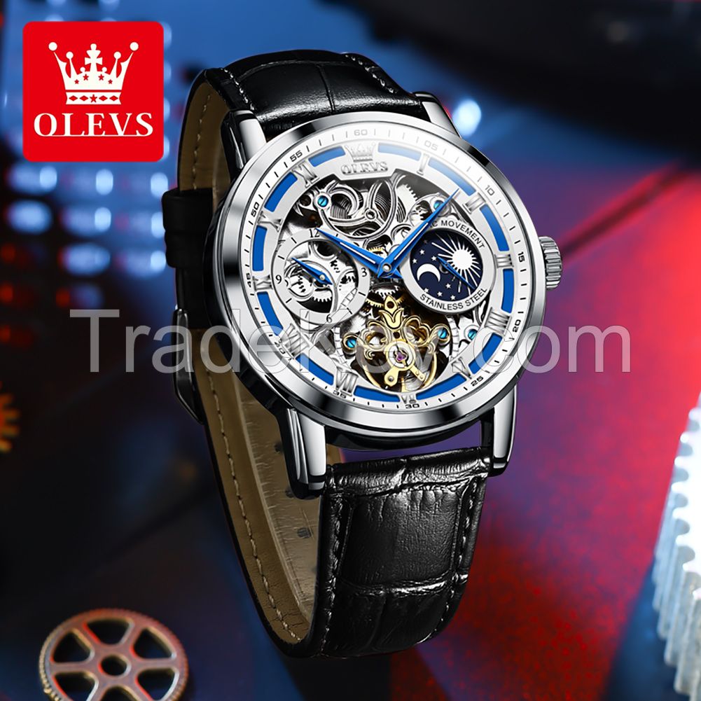 OLEVS 6670 New Men's Fashion Casual Leather Fully Automatic Hollow out Mechanical Watch Men's Watch