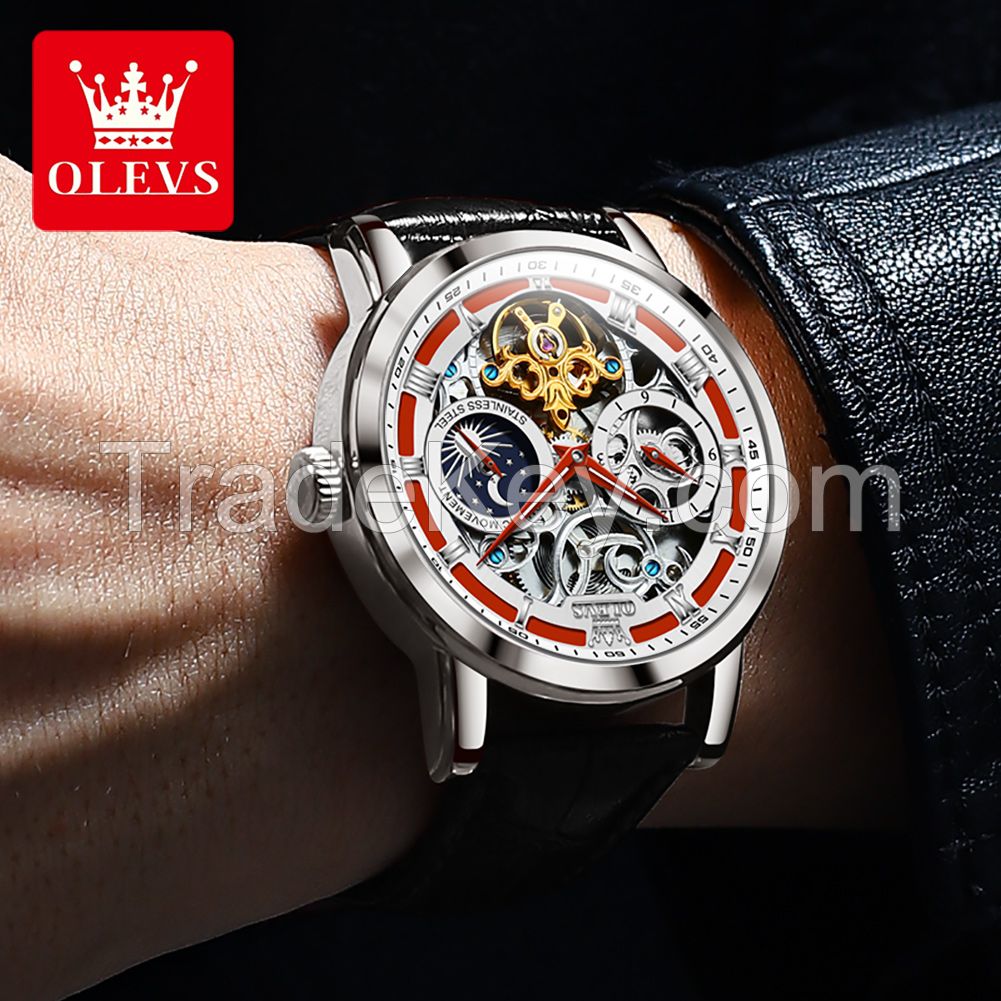 OLEVS 6670 New Men's Fashion Casual Leather Fully Automatic Hollow out Mechanical Watch Men's Watch