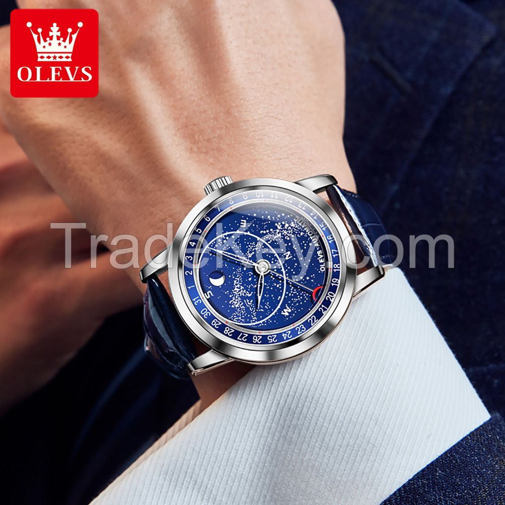 OLEVS 9923 Automatic Mens Moon pointer Movement Fashion blue Leather Mechanical Watches