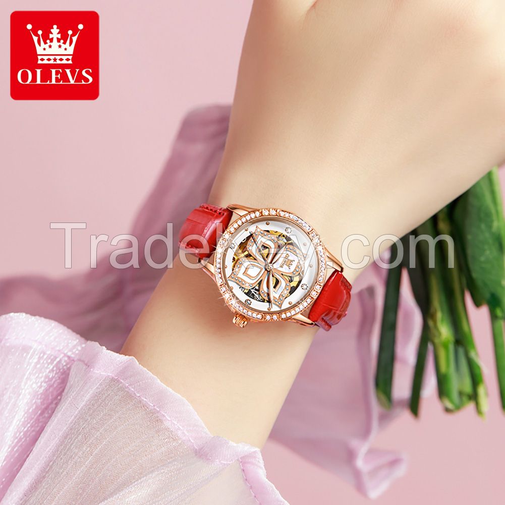 OLEVS 6612 Factory Direct Sales Customized Women's Mechanical Watch Coated Glass Genuine Leather Watch Automatic Women's Watch