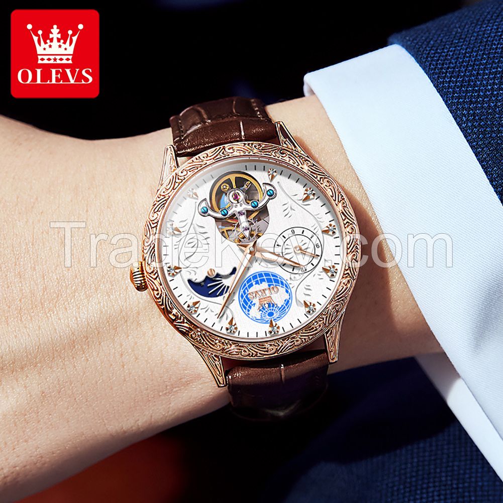 Olevs 6660 New Watch Men Leather Watches Sports Chronograph Waterproof  Mechanical Watches