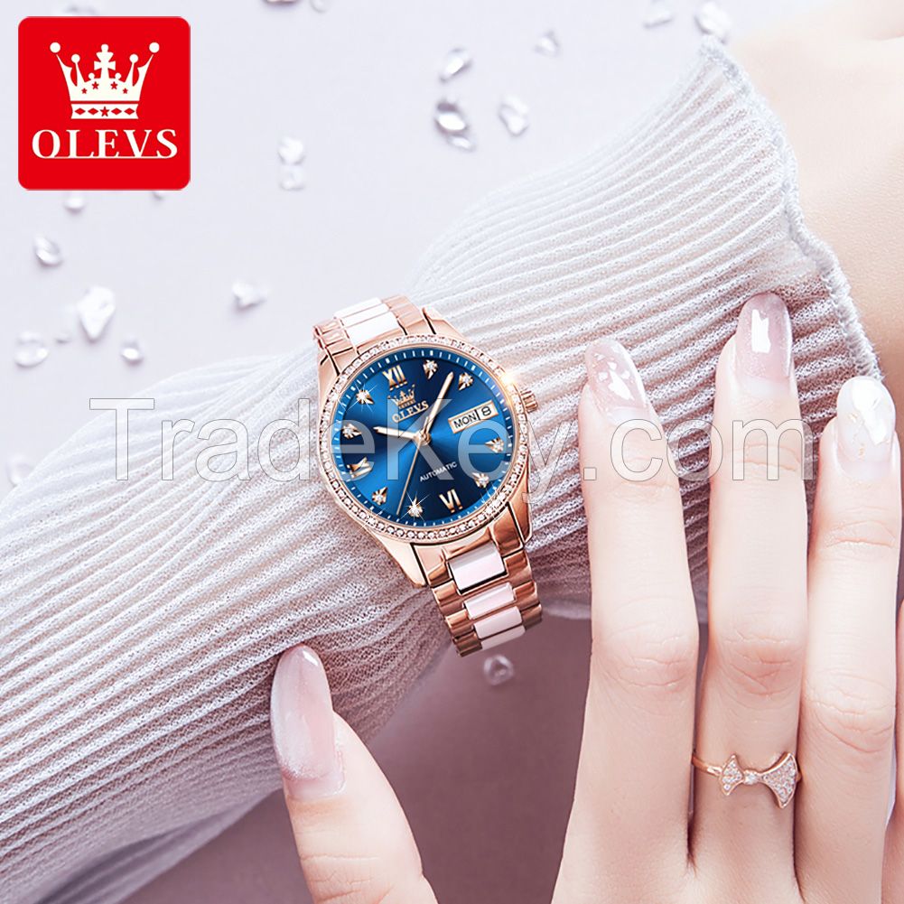Olevs 6637 Factory Direct Sales Night Glow Diamond Waterproof Automatic Mechanical Watch Fashion Ceramic Chain Women's Watch