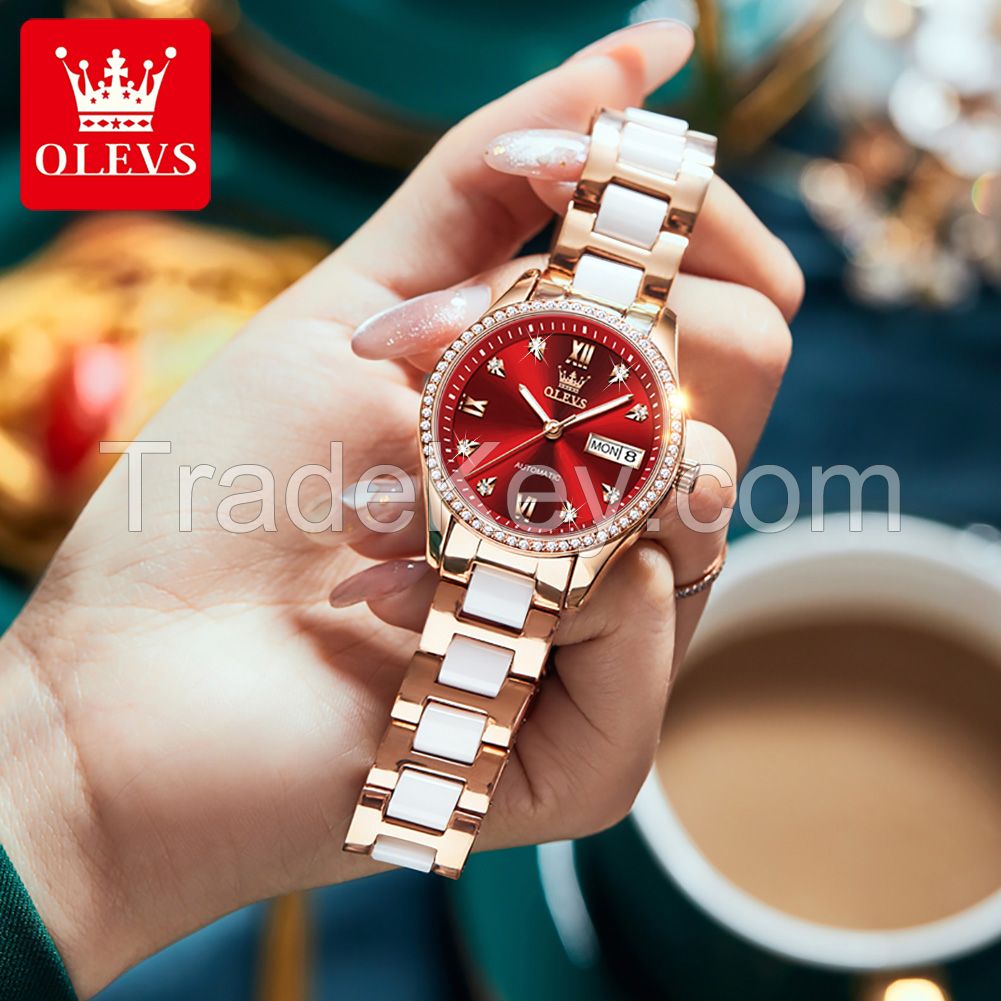 Olevs 6637 Factory Direct Sales Night Glow Diamond Waterproof Automatic Mechanical Watch Fashion Ceramic Chain Women's Watch