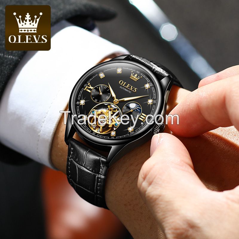 OLEVS 3601 Tourbillon luxury business moon calendar leather luminous waterproof men's automatic mechanical watch