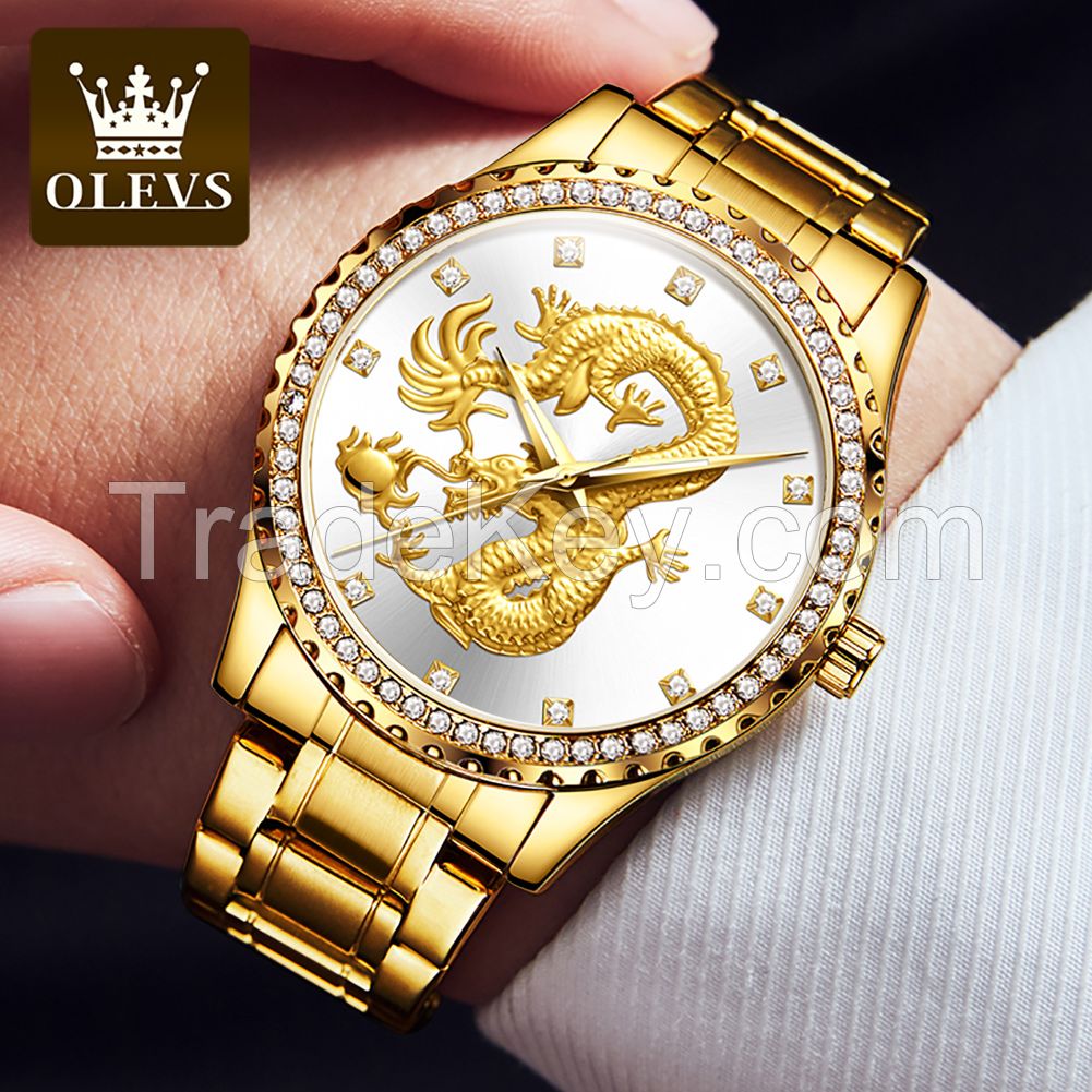 OLEVS 5515 luxury men watch golden dragon watch stainless steel back cover quartz diamond watches