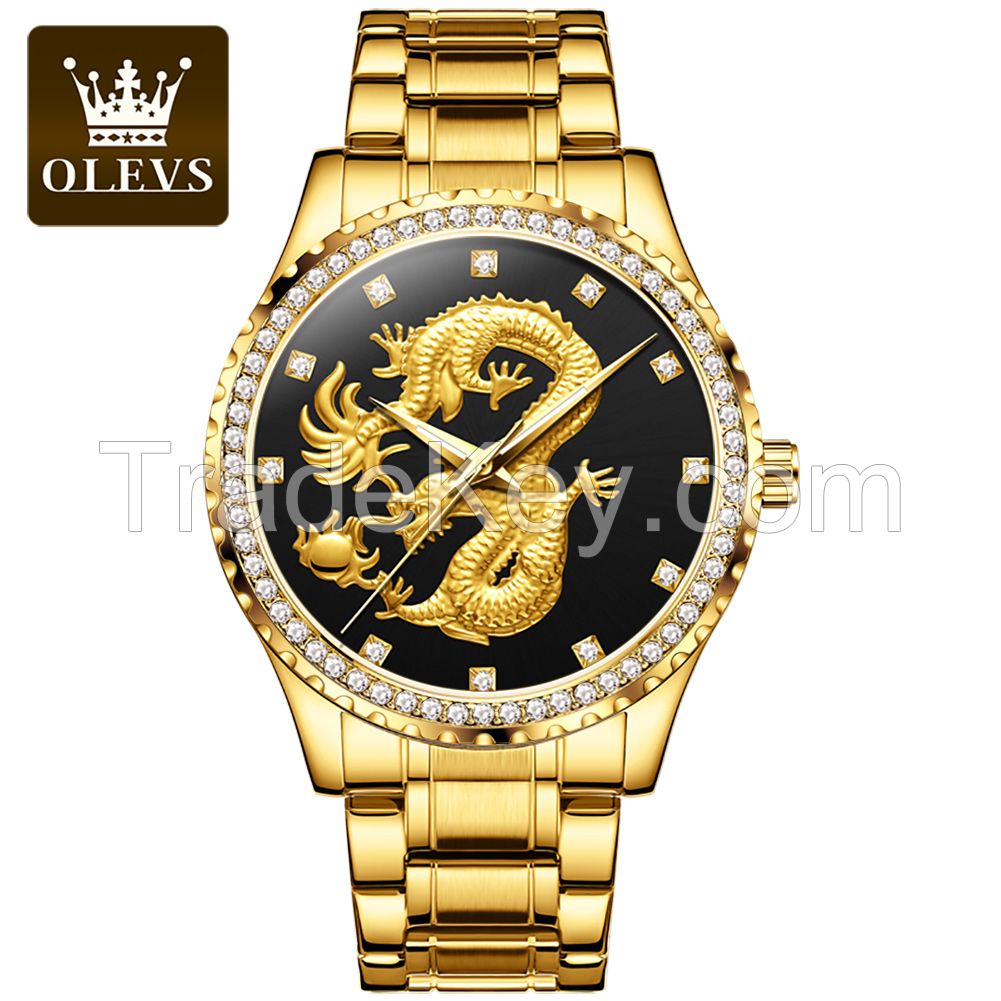 OLEVS 5515 luxury men watch golden dragon watch stainless steel back cover quartz diamond watches