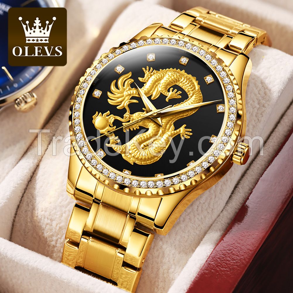 OLEVS 5515 luxury men watch golden dragon watch stainless steel back cover quartz diamond watches