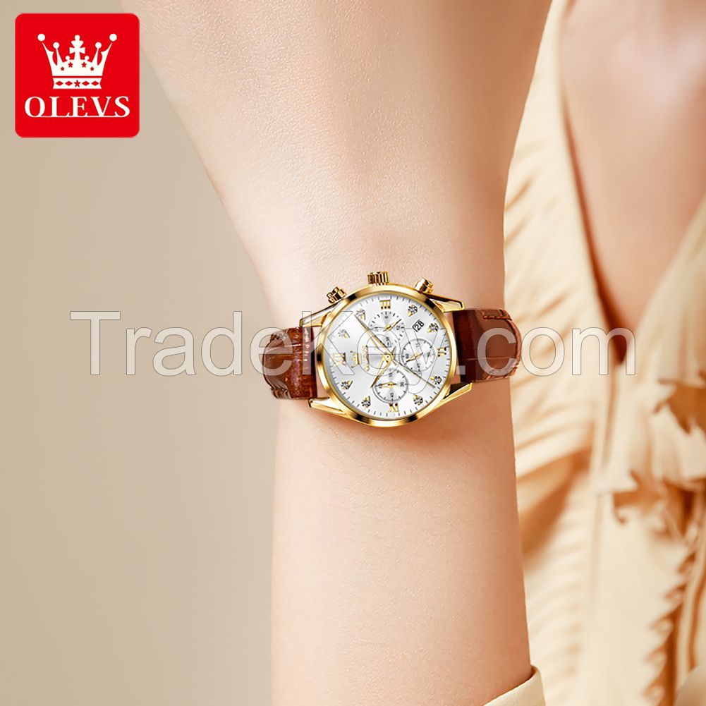 OLEVS 5523 luxury watchband three eye watchband quartz watch stainless steel back customized wholesale Chinese women's watch