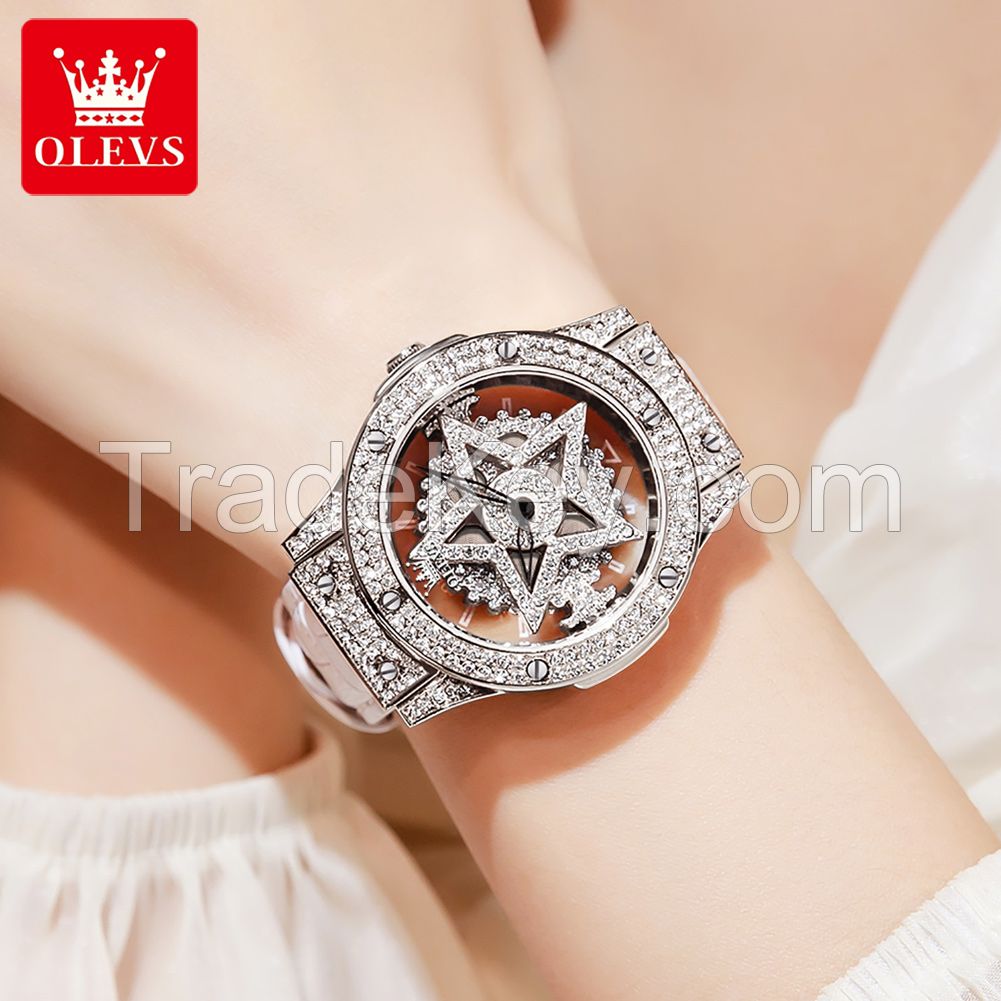 OLEVS 9938 Women Dress Watch Fashion Crown Watch Shine Diamond Stainless Steel Ladies Watch Femme